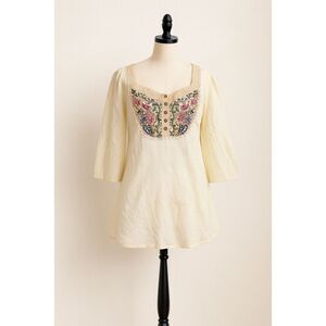 Plenty by Tracy Reese Cream Embroidered Boho Blouse Tie Back 3/4 Sleeve Size 2